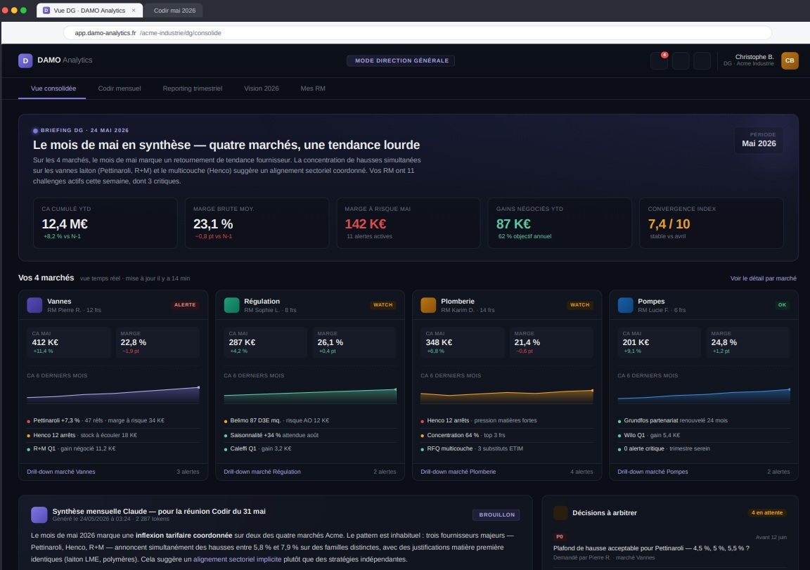 Tableau de bord Clairvia IndustrialFlow : alertes scorées sur les FAB-DIS reçus — variations de prix, ruptures de gamme, glissements ETIM, opportunités de sourcing