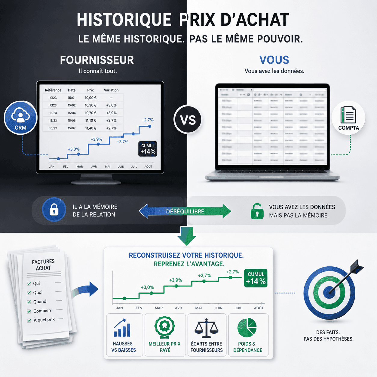 Comparatif : le fournisseur dispose de l'historique complet des prix facturés dans son CRM, l'acheteur a les mêmes données dans sa comptabilité mais pas la mémoire des variations